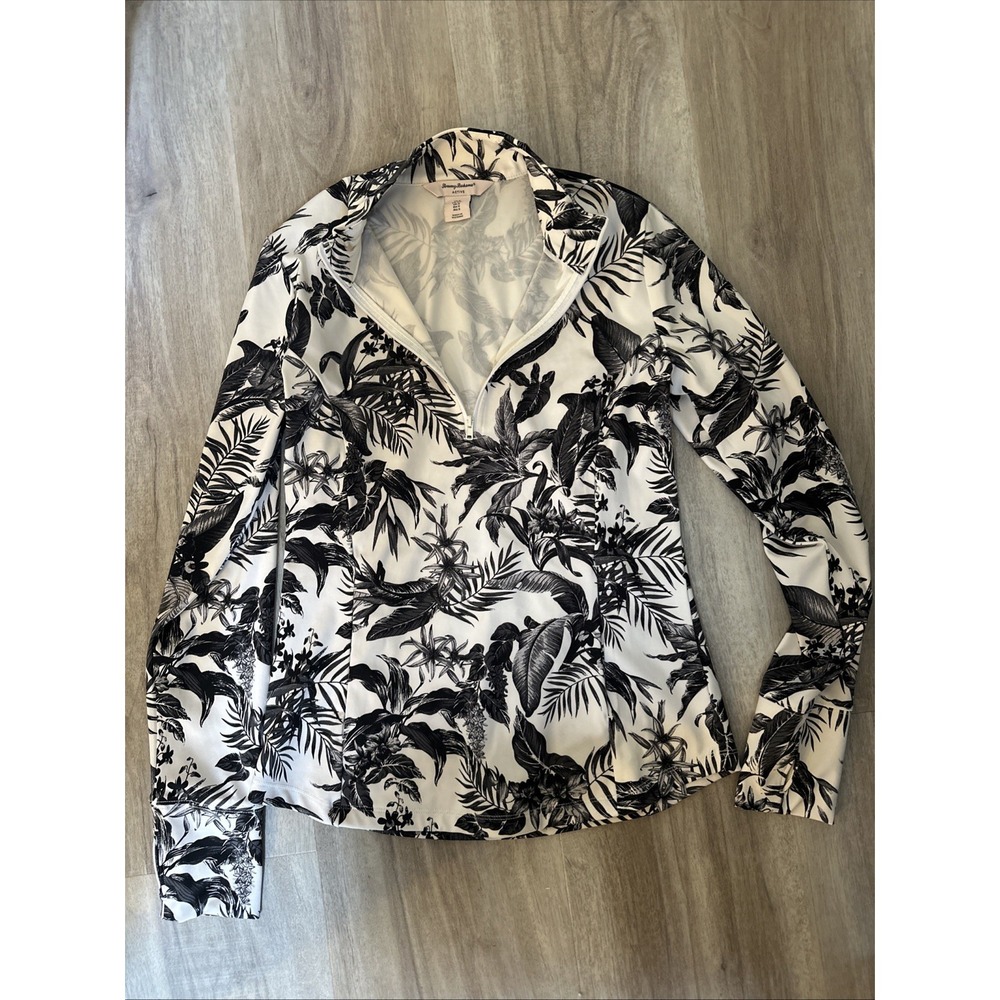 TOMMY BAHAMA Tabu Jungle Black & White Tropical Mockneck Activewear Size Small